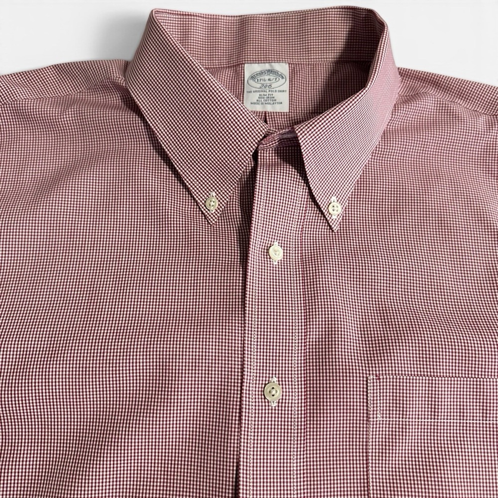 BROOKS BROTHERS 346 Red Mini Check Cotton Button Up Dress Shirt 17.5-6/7 SlimFit